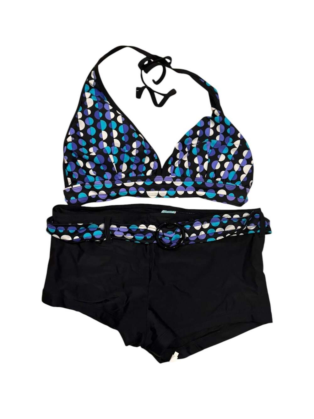 Marina West Polka Dot Print Halter Bikini Set with Belted High-Waist Bottoms